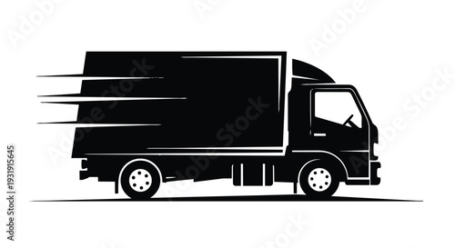 Black silhouette of a delivery truck speeding with motion lines