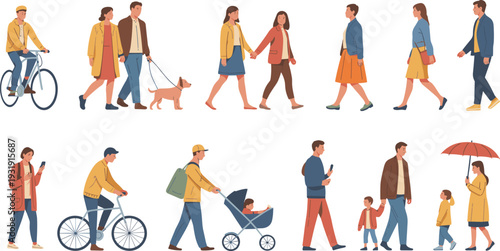 Outdoor people activity illustration, walking cycling stroller, family community lifestyle, casual clothing design, dog umbrella phone, social interaction artwork