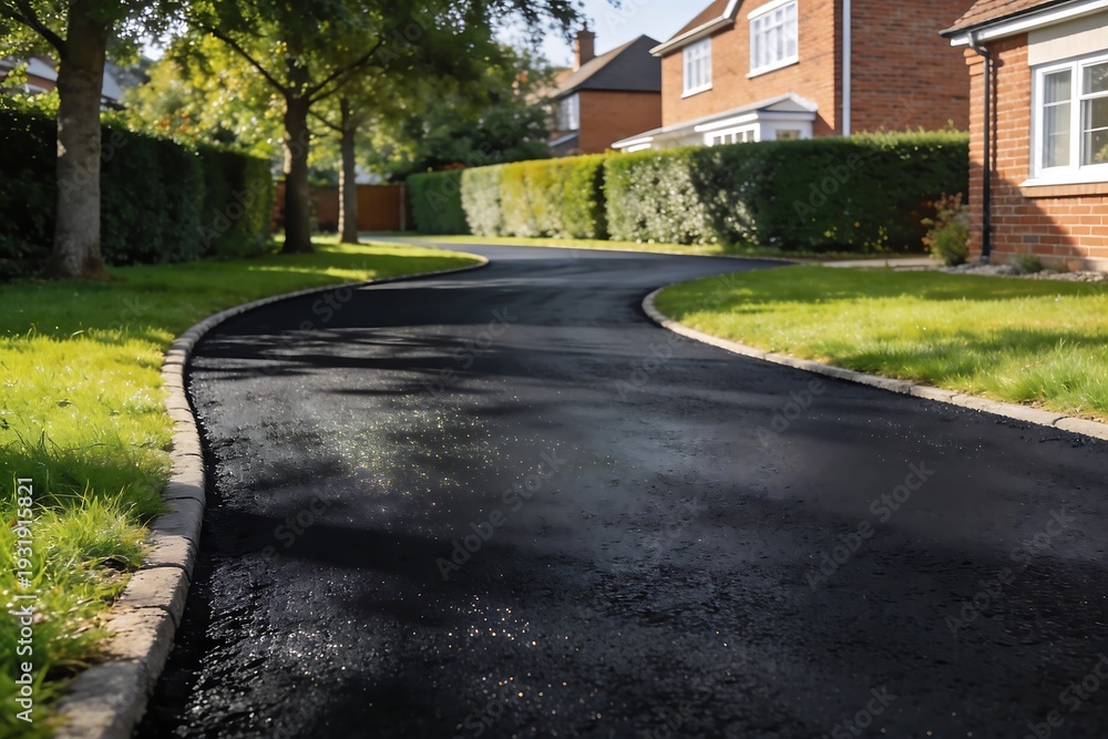 Naklejka premium Freshly sealed black asphalt driveway leading to suburban home, glossy wet surface reflecting light, surrounded by green lawn, showcasing residential property maintenance and renovation concept.
