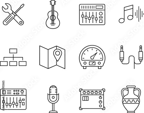 Music and audio equipment icons, guitar, audio mixer, musical note, microphone, amplifier, audio jack, wrench screwdriver, map, gauge, vase illustration