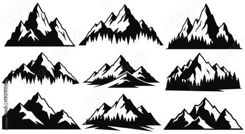 Collection of various mountain ranges in black silhouette