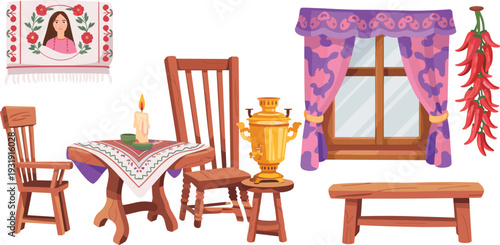 Rustic interior illustration, wooden furniture decor, samovar candle table, textile portrait wall, cozy homely atmosphere, traditional cultural artwork design