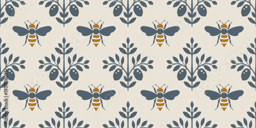 Seamless vector pattern with bees and stylized botanical ornaments. Minimal folk design ideal for fabric, wallpaper, wrapping paper and nature inspired backgrounds..