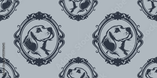 Seamless vector pattern with vintage dog portraits in ornate frames. Classic decorative design ideal for textiles, wallpaper, wrapping paper and elegant backgrounds