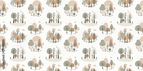 Seamless vector pattern with cute stylized forest landscapes and trees in soft neutral tones. Scandinavian inspired woodland design for nursery textiles and wallpapers.