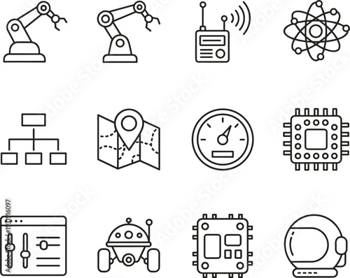 Robotics and technology icons, robotic arm, radio transmitter, atomic model, microchip processor, control panel, wheeled robot, astronaut helmet illustration
