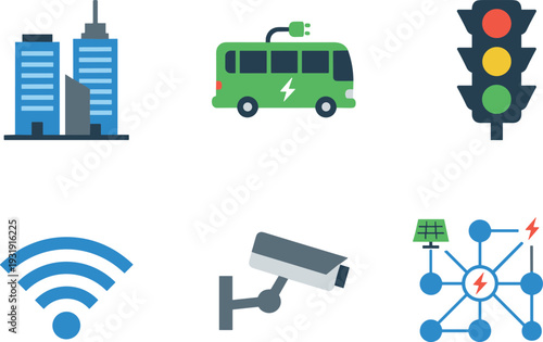 Smart city infrastructure icons, eco electric bus, traffic light, Wi-Fi connectivity, surveillance camera, solar energy grid, urban building illustration