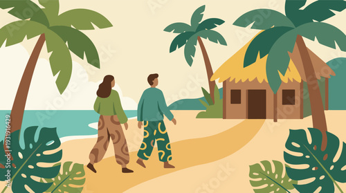 Tropical island getaway with couple walking towards beach hut illustration