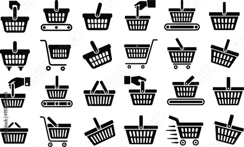 Shopping Basket Collection Silhouette Icon Set Market Basket Typography Silhouette Icon Pack