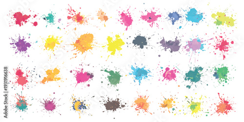 Set of colorful watercolor paint splashes and ink splatters in various shapes and vibrant colors vector illustration collection