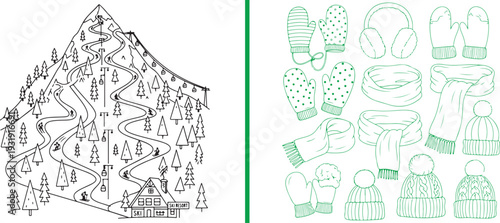 A dual-panel vector set featuring a black line art sketch of a ski resort with winding trails and a lodge, paired with green-tinted winter accessories like mittens, scarves, and beanies.