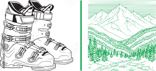 Detailed black line art of professional ski boots alongside a green-tinted scenic mountain landscape featuring snowy peaks, a pine forest, and a winding winter path.