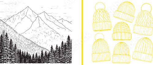Detailed black line art of a snow-capped mountain range above a dense pine forest, paired with a bright yellow collection of various knitted pom-pom beanies.