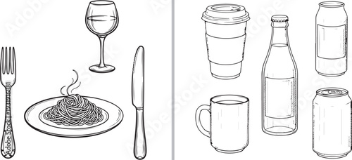 Vector set featuring a black line art dinner of spaghetti, wine, and cutlery beside a collection of beverages including a takeaway cup, mug, glass bottle, and aluminum cans.