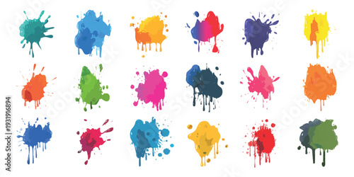 Set of colorful watercolor paint splatters and ink blots with drips in vibrant artistic vector illustration style isolated on white