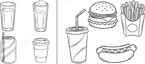 Vector line art with a split view: on the left, an assortment of drinks including water, soda, and coffee; on the right, fast food icons featuring a burger, fries, hot dog, and a large soda cup.