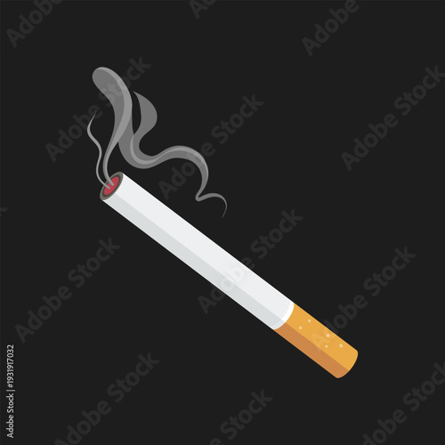 Lit cigarette with smoke on a black background.