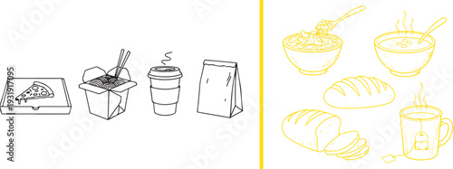 A split-panel vector graphic featuring black line icons of takeout essentials—pizza box, noodles, coffee, and paper bag—beside yellow-tinted sketches of soup, bread loaves, and tea.
