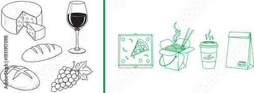 Contrast between a refined picnic of cheese, bread, wine, and grapes in black line art and green-tinted takeout icons including pizza, noodles, coffee, and a paper bag.