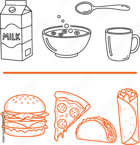 Two-panel vector set comparing a black line art breakfast of milk, cereal, and coffee with an orange-lined fast food selection including a burger, pizza slice, taco, and burrito.
