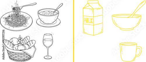 Vector line art with a split view: on the left, a hearty dinner set with pasta, soup, bread, and wine; on the right, yellow icons for breakfast featuring a milk carton, cereal bowl, and mug.
