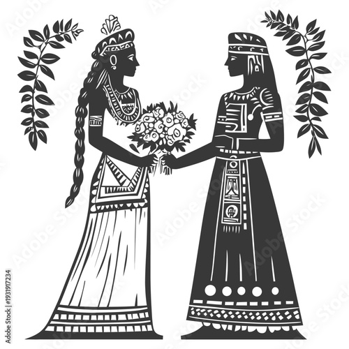 Two People in Traditional Clothing Exchanging a Bouquet of Flowers