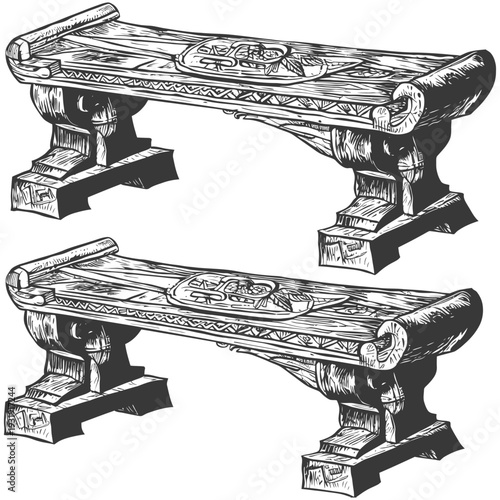 Two Ornate Wooden Benches with Carved Designs