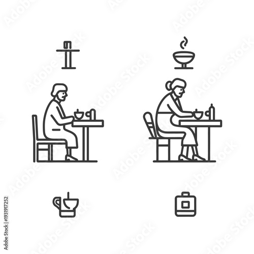 Two people sitting at tables, each holding a bowl with a spoon, and eating