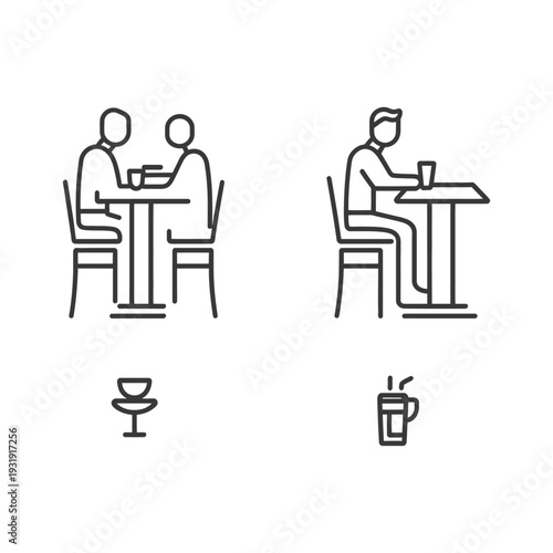 Two People Sitting at Tables with Drinks in Outline Drawings