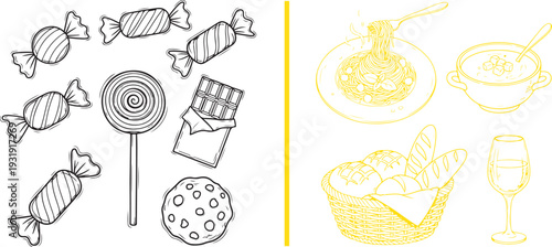 Vector line art with a split view: on the left, an assortment of sweets like candy, a lollipop, chocolate, and a cookie; on the right, yellow icons of a hearty meal with pasta, soup, and bread.