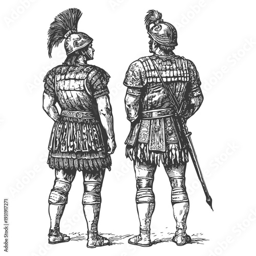 Two Roman Soldiers Standing Back-to-Back in Full Armor