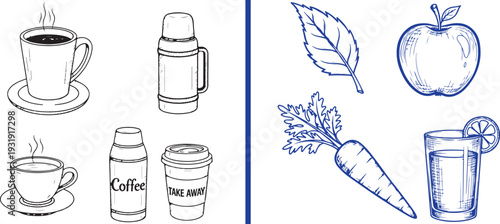 Vector line art with a split view: on the left, coffee cups and thermoses in black; on the right, blue icons of healthy choices including a leaf, apple, carrot, and water.