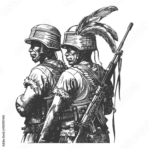 Two Soldiers in Combat Gear, One with Feathers Adorning His Helmet