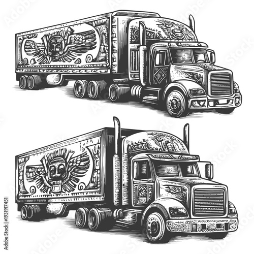 Two Semi-Trucks with Aztec-Inspired Designs and Skulls