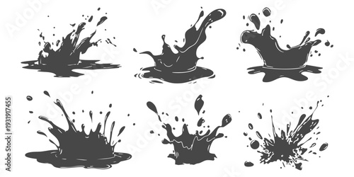 Set of black ink splash and water splatter vector illustrations with grunge texture for creative art and design projects