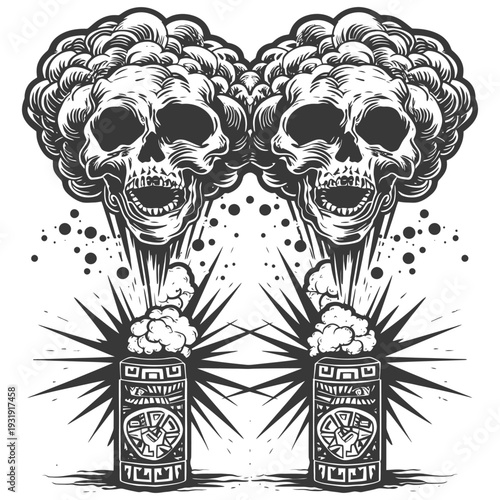 Two Skulls Emerging From Ancient Vessels Surrounded by Smoke and Stars