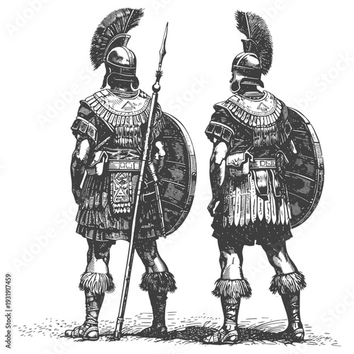 Two Roman Soldiers Standing Back-to-Back in Full Armor