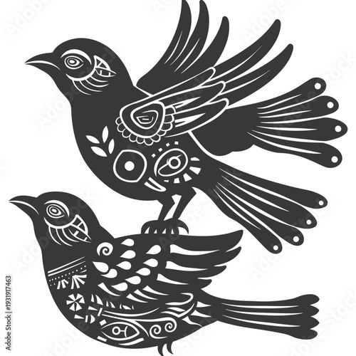 Two Stylized Birds with Intricate Patterns