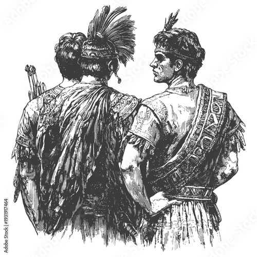 Two Roman Warriors with Feathers and Weapons