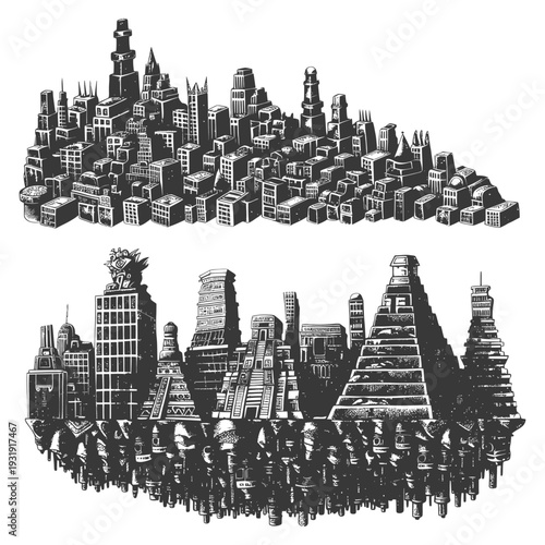 Two Stylized Cityscapes with Tall Buildings and Geometric Structures