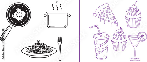 Vector line art with a split view: on the left, cooking essentials like a fried egg in a pan, a steaming pot, and pasta. On the right, purple icons of pizza, cupcakes, and party drinks.