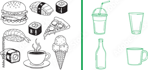 Split vector art showcasing a black line drawing of diverse food—burger, sushi, pizza, coffee, ice cream—and a green line set of drink containers: a plastic cup, glass, bottle, and mug.