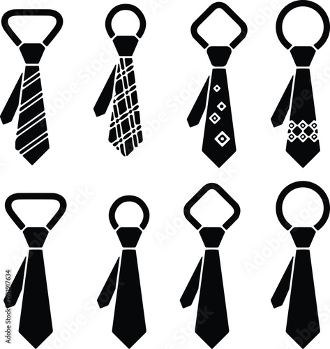 Stylized vector necktie icons collection featuring diverse knot shapes, striped patterns, geometric designs, and solid black ties for fashion, apparel, and graphic design concepts