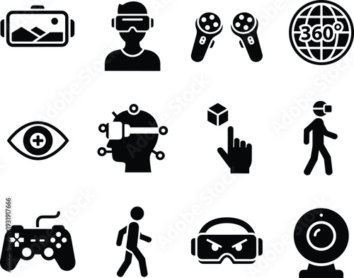 Virtual reality and gaming technology icons, VR headset, controllers, globe 360 view, gaming controller, webcam, avatar face, interactive cube illustration