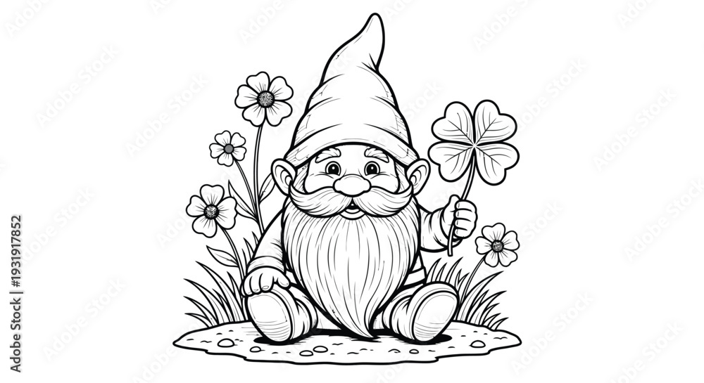Obraz premium A whimsical garden gnome with a lucky four-leaf clover is depicted in a charming, detailed illustration.