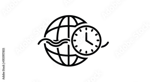 An abstract icon represents global time or a worldwide schedule, featuring a stylized globe with a clock and wavy lines.