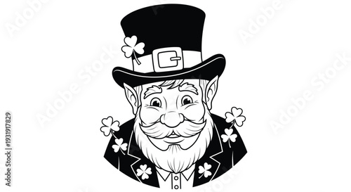 A jovial leprechaun wearing a tall hat adorned with shamrocks is illustrated with a friendly expression and festive attire.