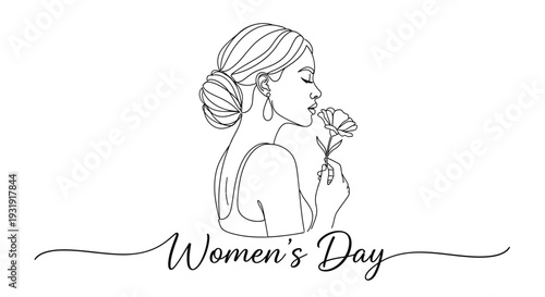 A delicate line art illustration portrays a woman's profile gently smelling a flower, celebrating International Women's Day with a graceful design.