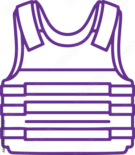 A purple outline icon illustrates a simple bulletproof vest, vector illustration