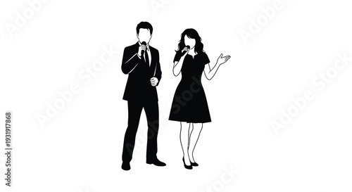 Couple performing a man and a woman singing into microphones silhouette